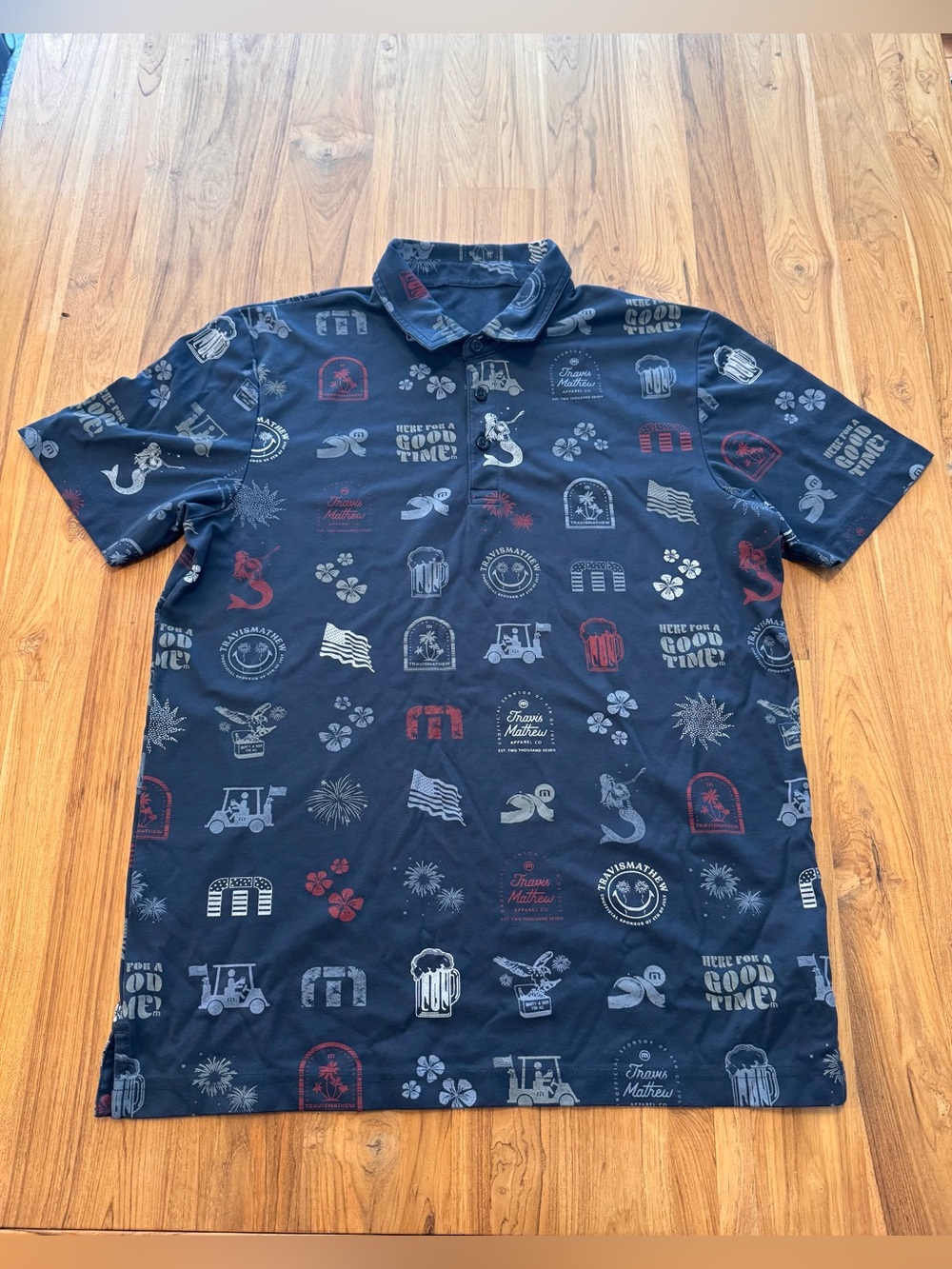 Travis Mathew 4th of July Polo Men’s Medium Navy Fun Print USA